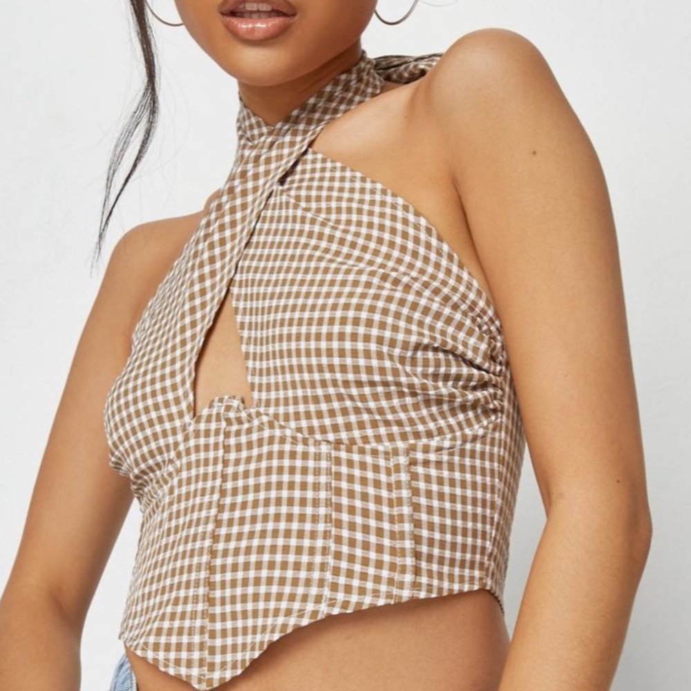 Brown Gingham Cross Front Halterneck Corset Crop Top